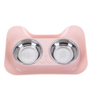 Double pet bowl water dish feeding station - pink